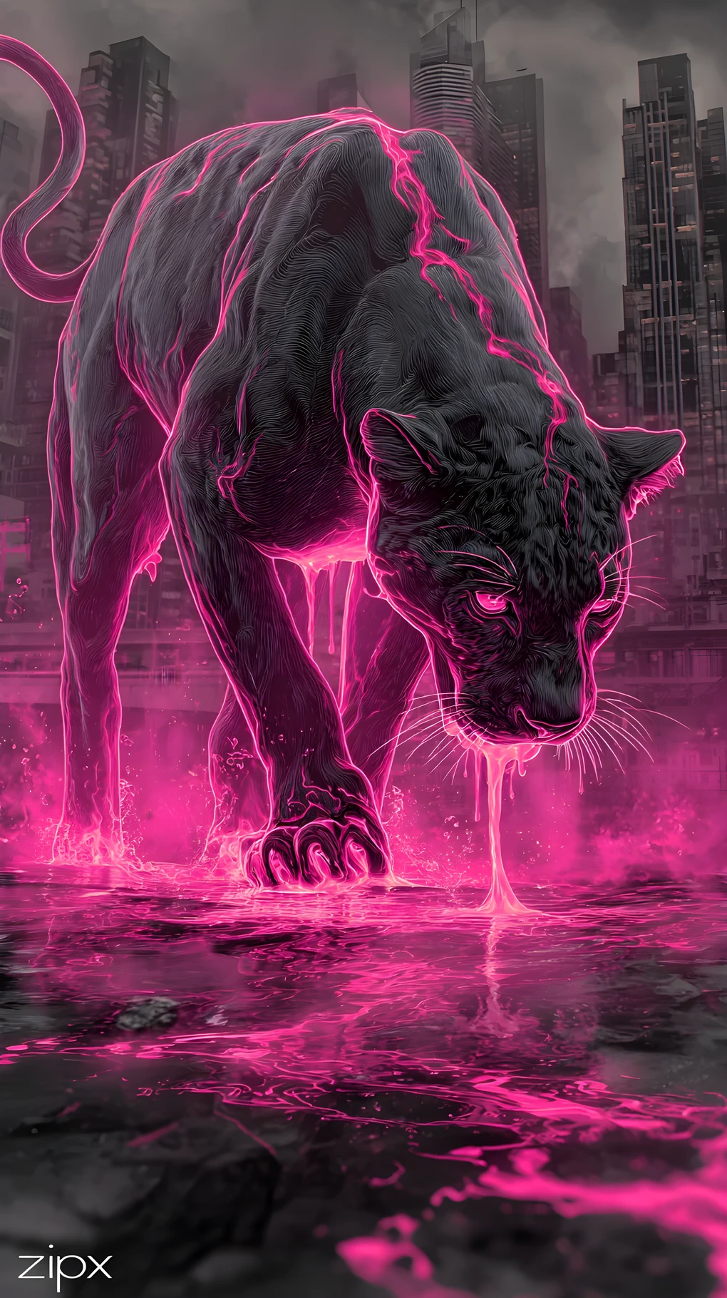 Chrome panther glowing with vibrant magenta neon light