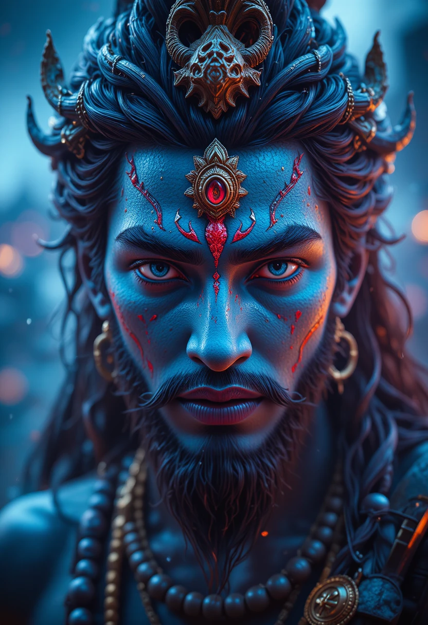 Cinematisches Close-up einer hinduistischen Gottheit in einem mythischen Reich