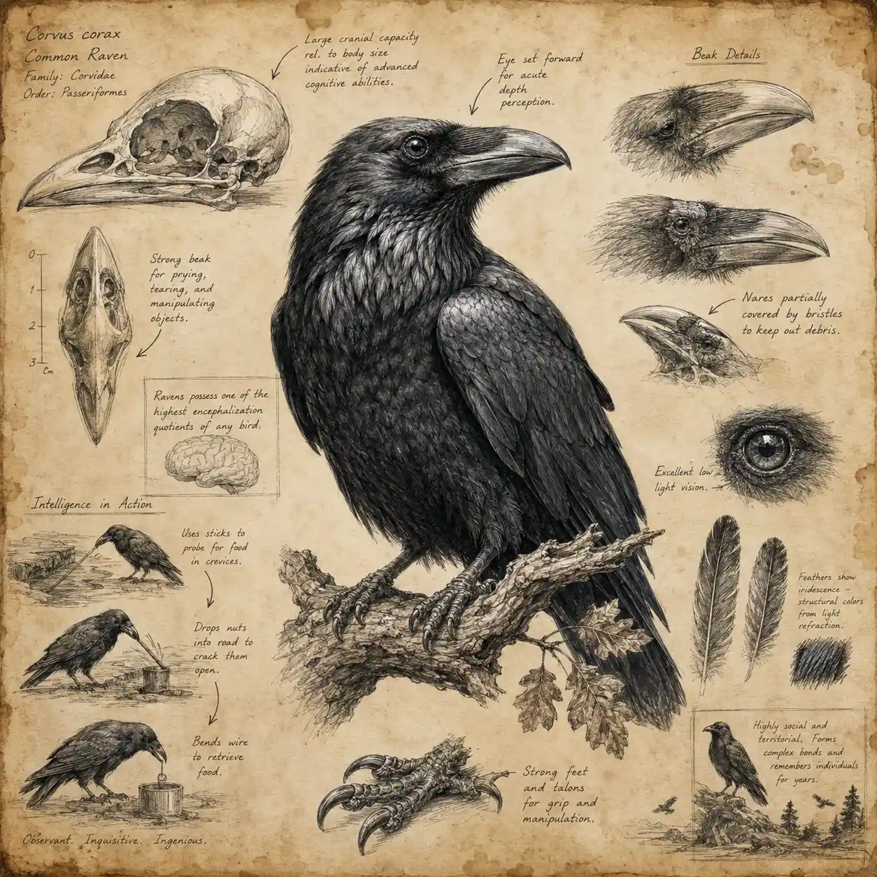 Naturalist graphite study of a raven on oak branch
