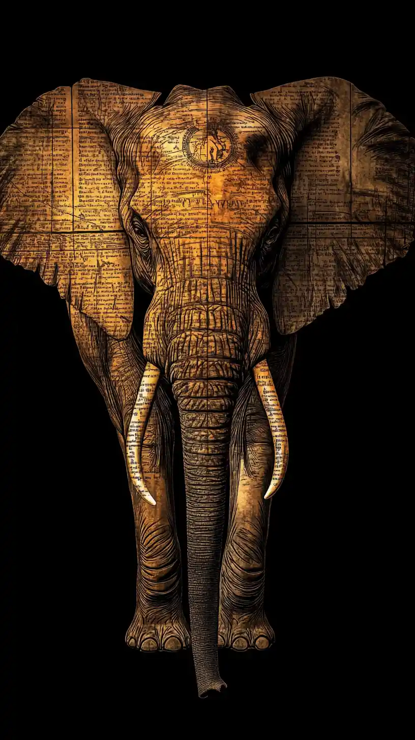 African elephant emerging from swirling archival maps