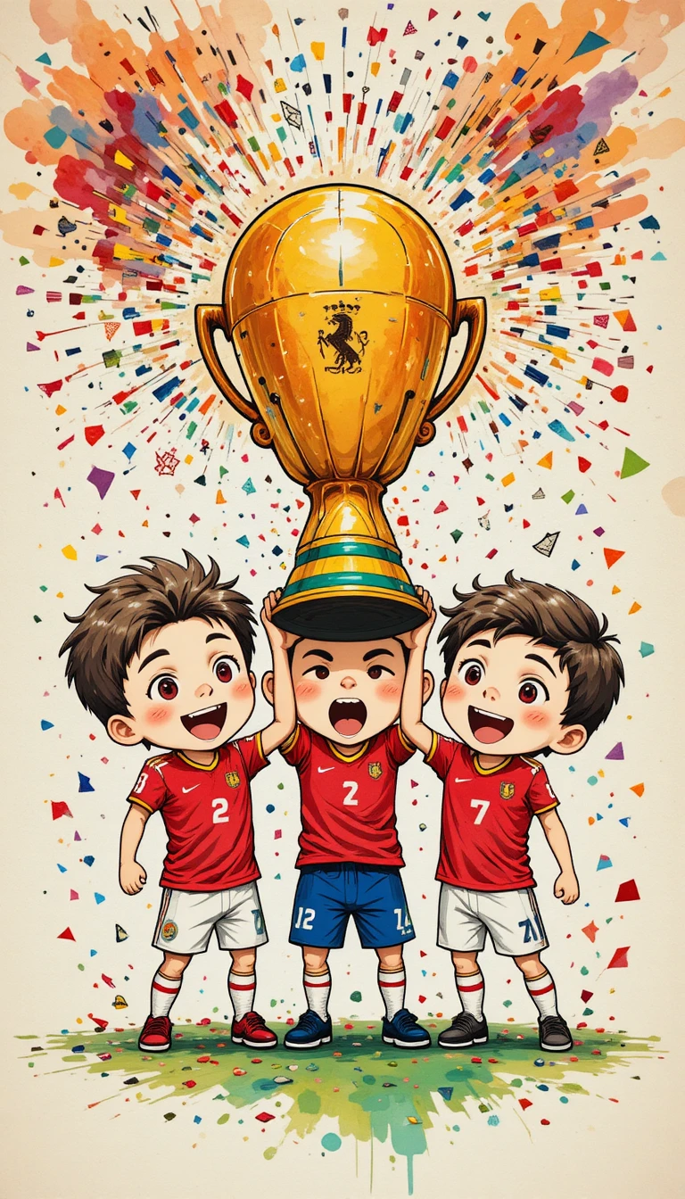 Cute chibi Spain players celebrating with giant world cup trophy