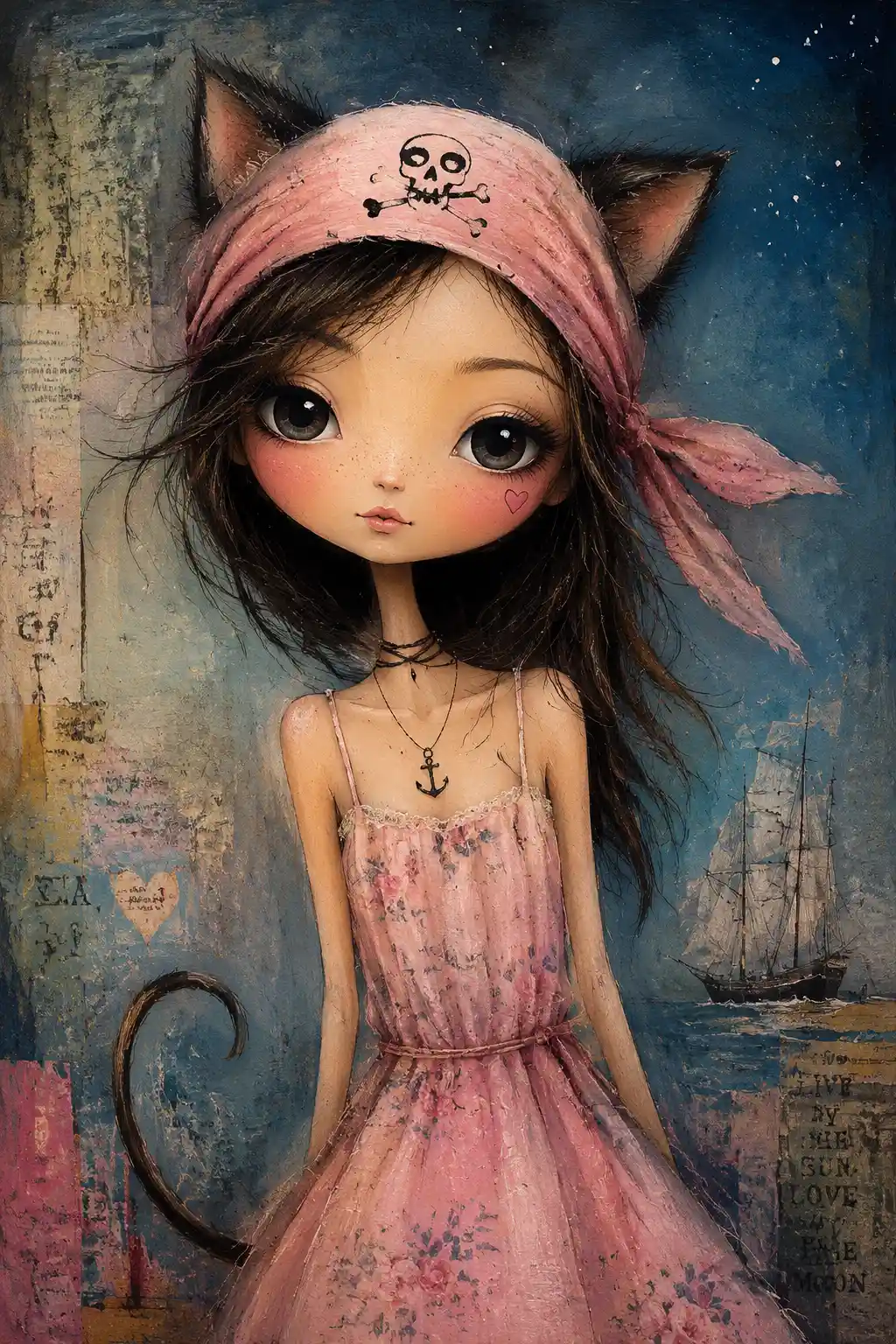Whimsical pirate cat lady in pink dress close up portrait