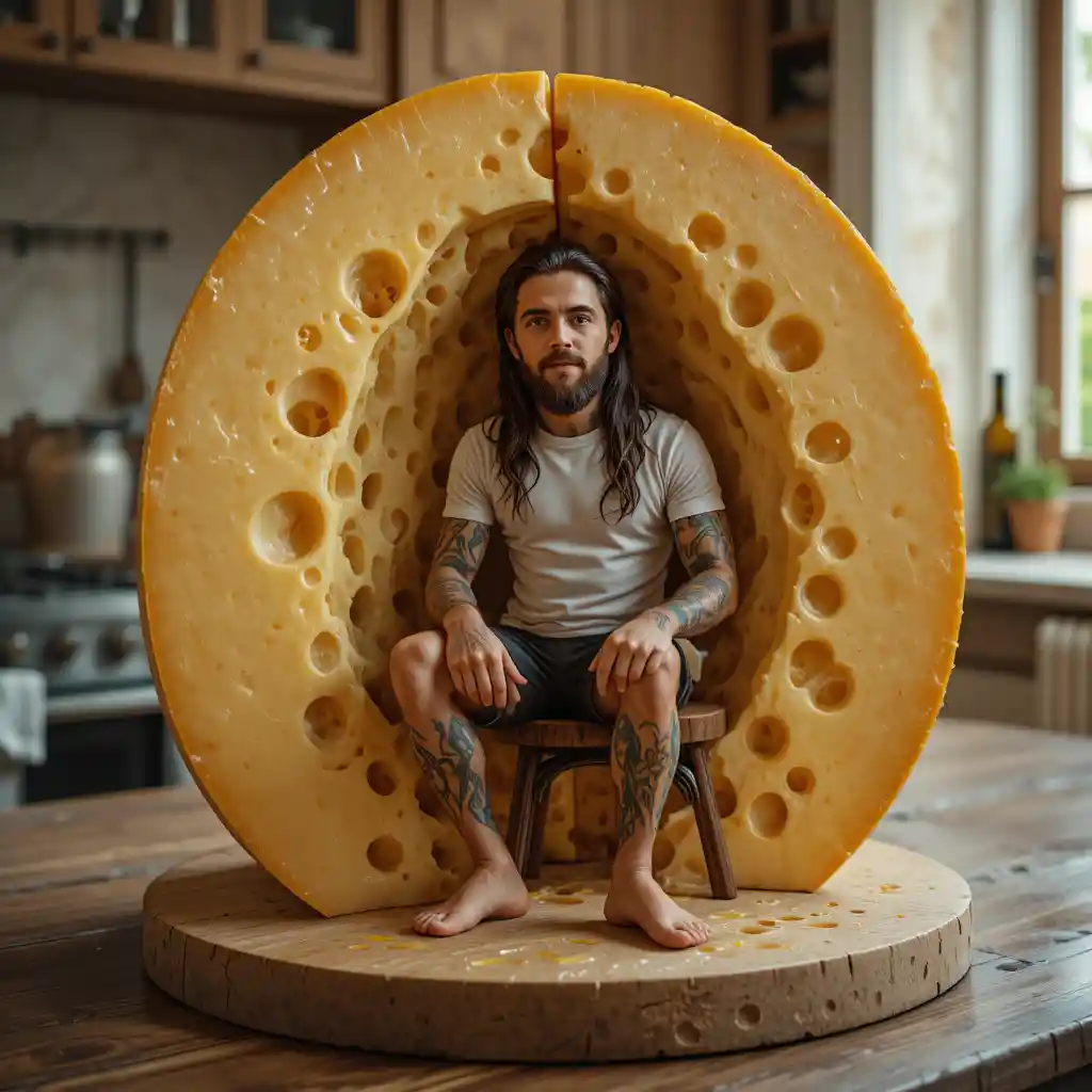 Tiny man living inside a slice of swiss cheese