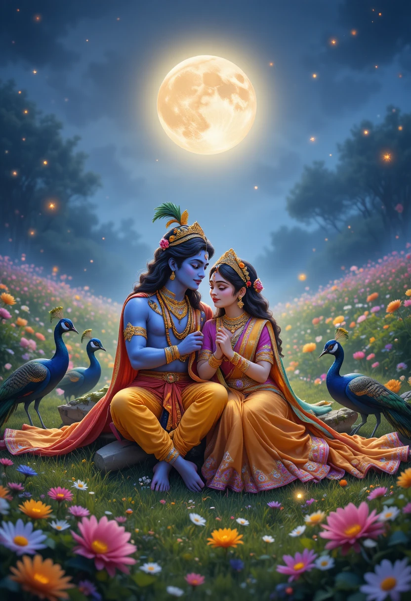 Divine couple sitting on grass under glowing full moon