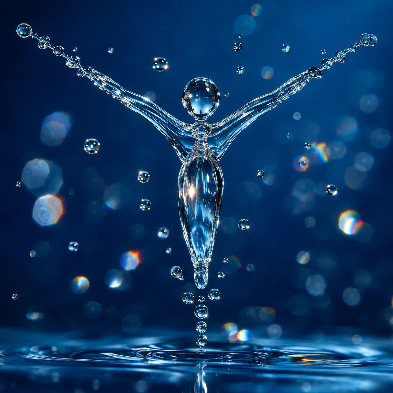 Backlit water droplet suspended in abstract blue space