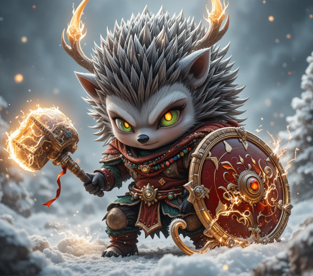 Furchtloser Chibi-Igelkrieger auf einem verschneiten Schlachtfeld