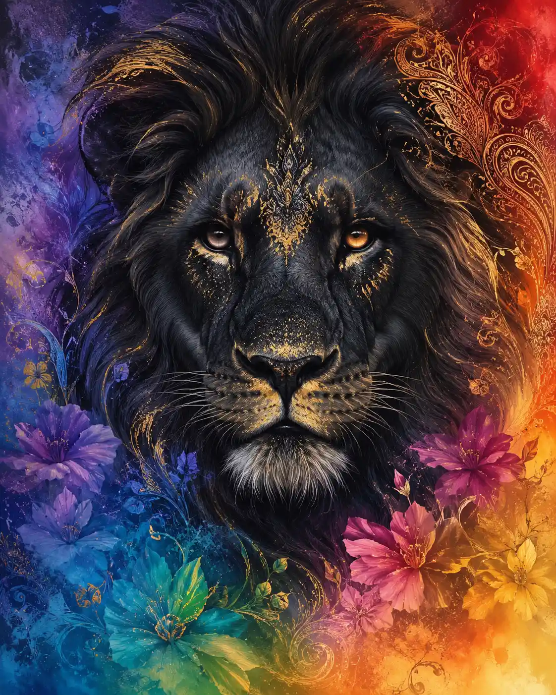 Close up black lion face with golden and floral accents