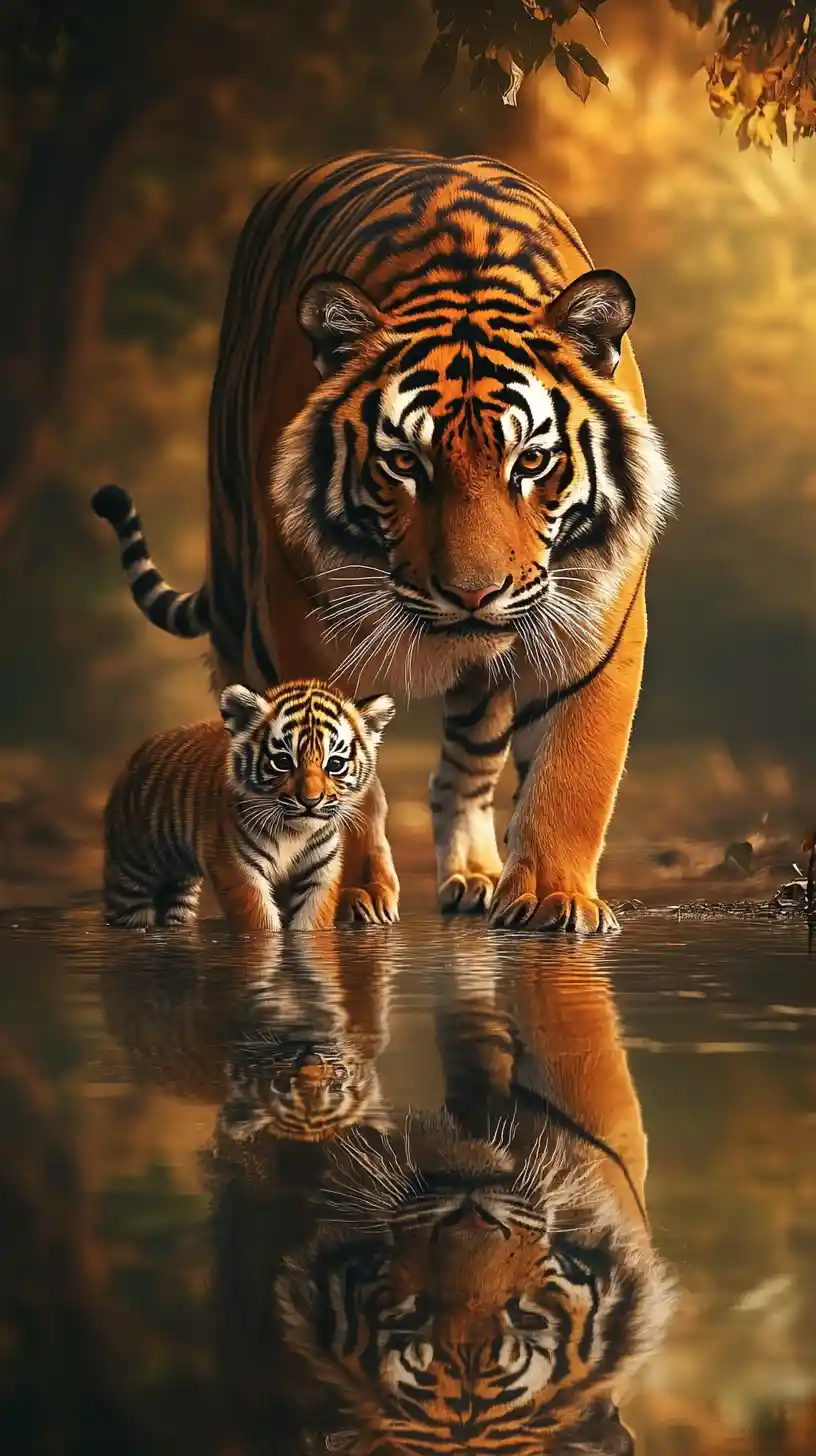 Tiger And Cub Reflected In Surreal Shallow Water Scene