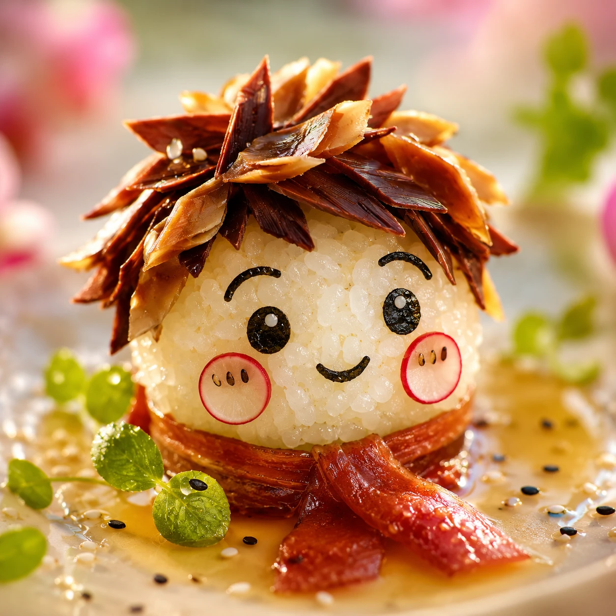Playful boy rice ball character made from creative food art