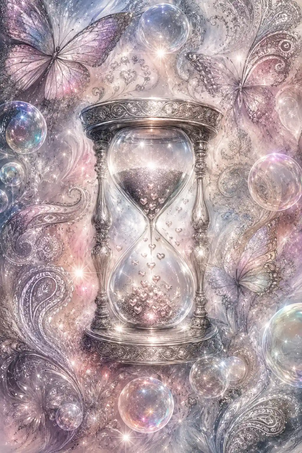 Glowing hourglass with hearts in an abstract dreamy scene