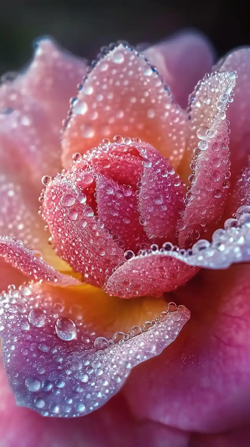 Macro rose crowned with crystal like dew droplets