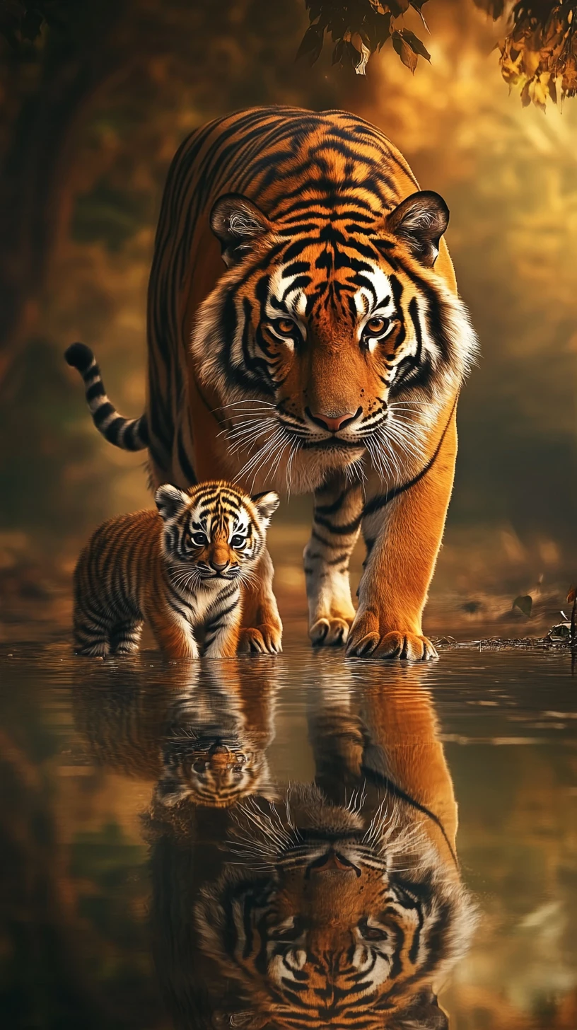 Tiger And Cub Reflected In Surreal Shallow Water Scene