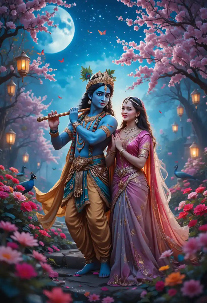 Divine couple in a moonlit enchanted garden of Vrindavan