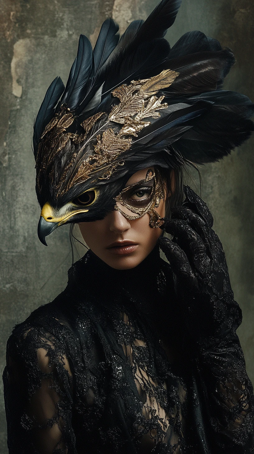 High fashion figure posing with a stylized hawk companion
