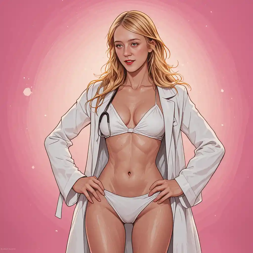 Confident woman in bikini and lab coat with stethoscope