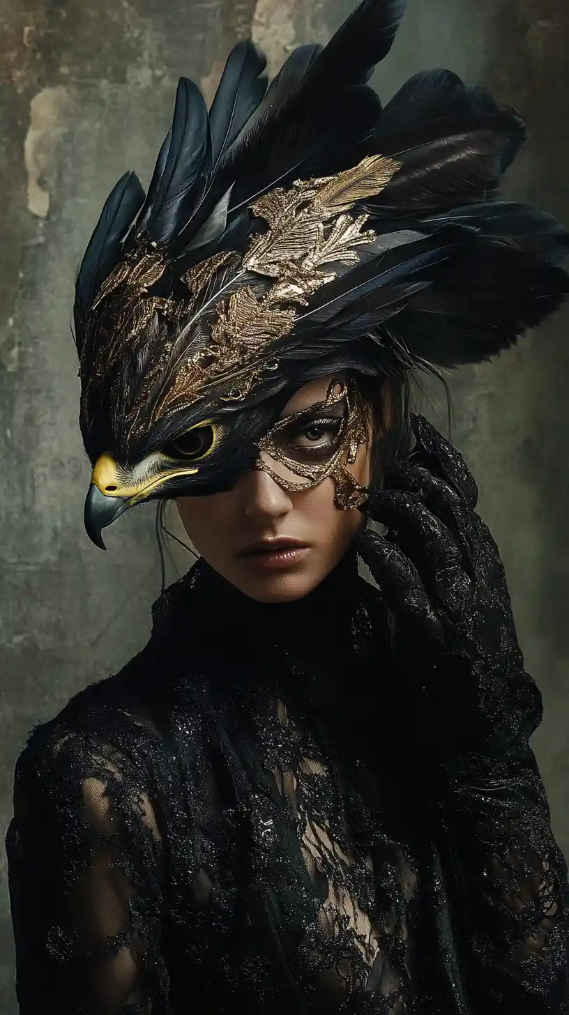 High fashion figure posing with a stylized hawk companion