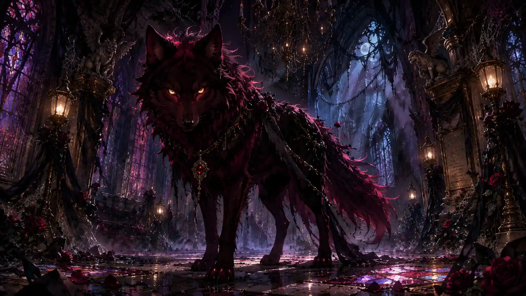 Mystical anime wolf in ruins of an ancient cathedral