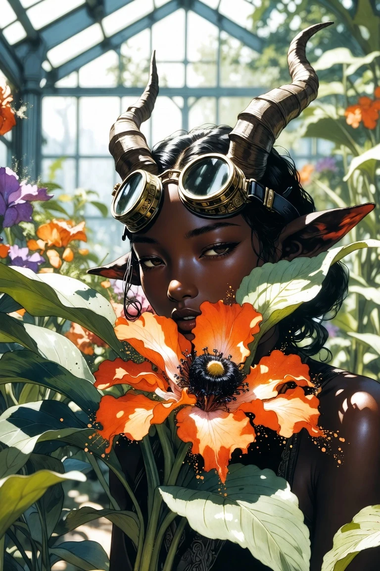 Horned demon woman hiding in a sunlit greenhouse