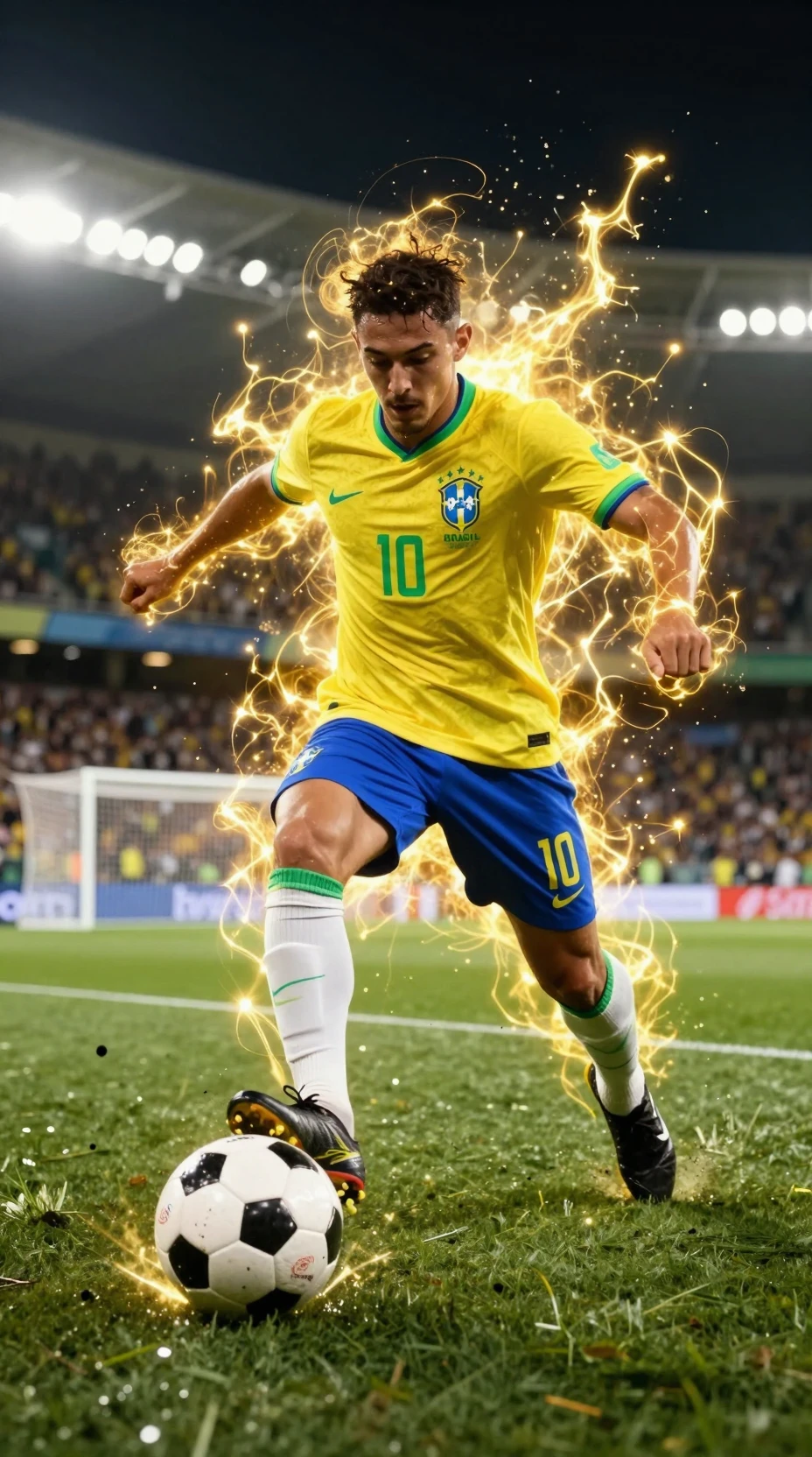 Brazilian soccer star kicking ball with golden energy aura
