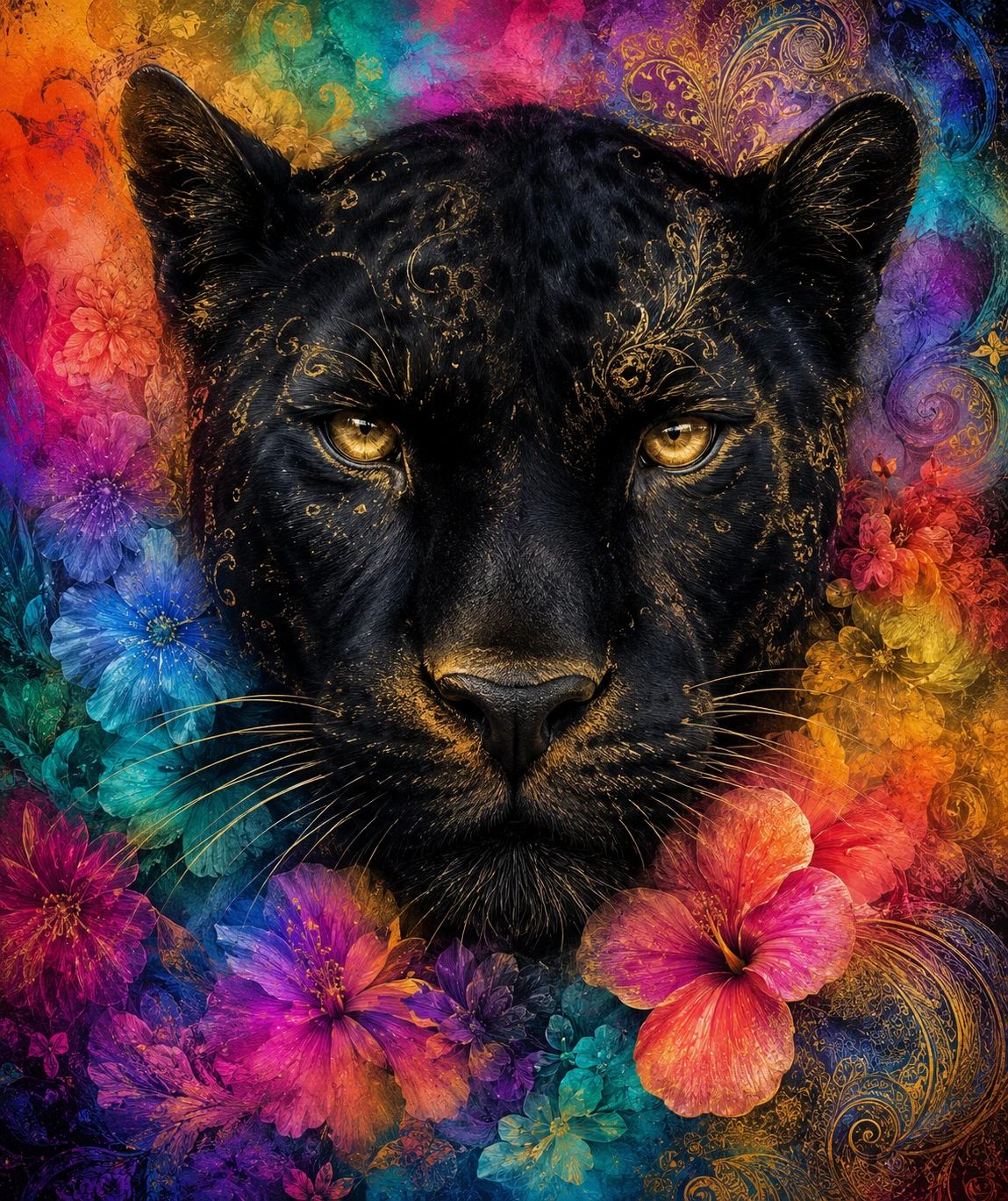 Close up black panther face with gold and rainbow flowers