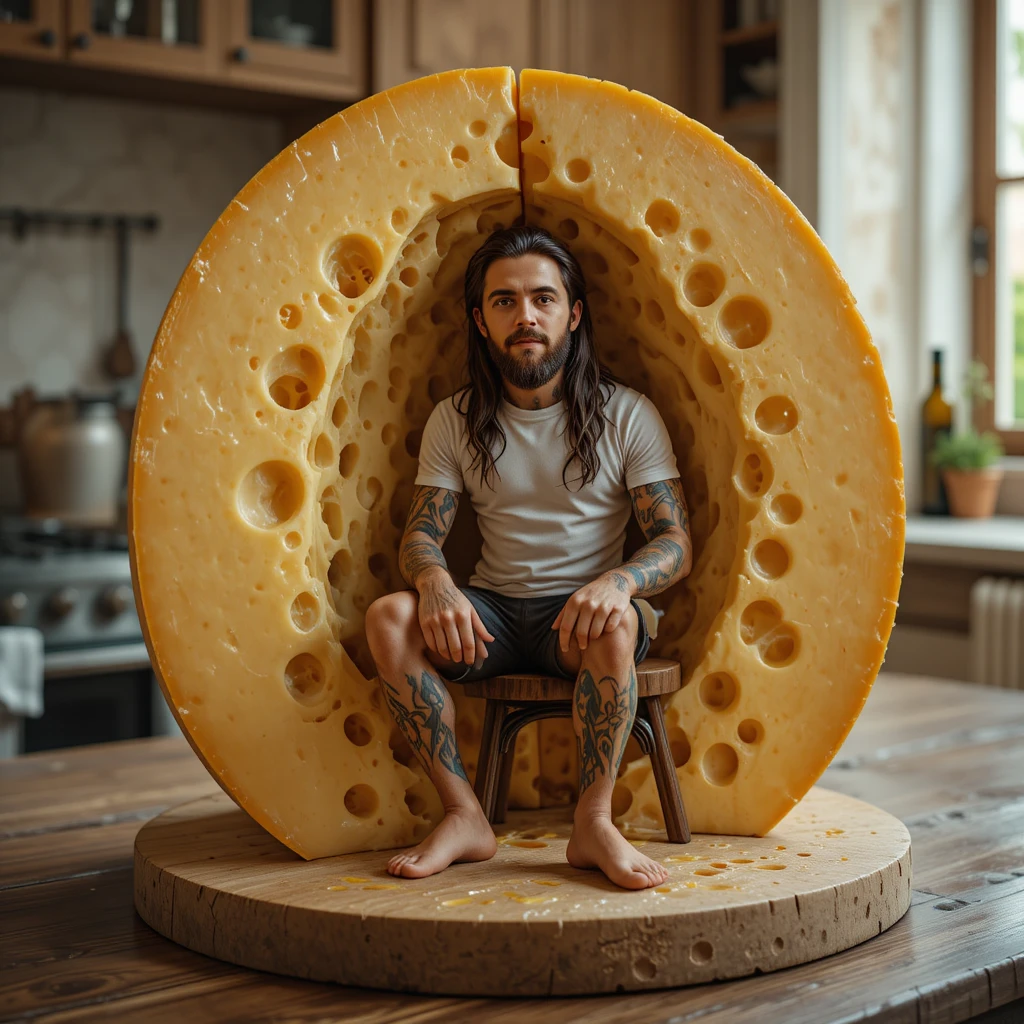 Tiny man living inside a slice of swiss cheese