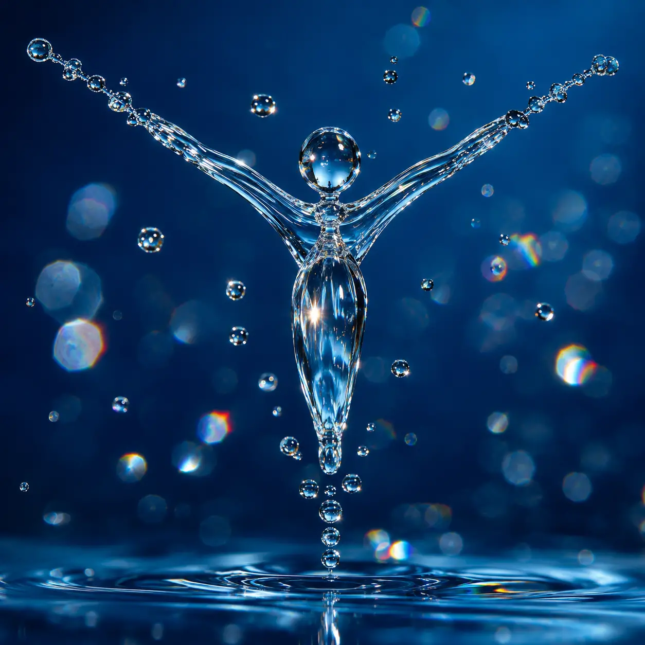 Backlit water droplet suspended in abstract blue space