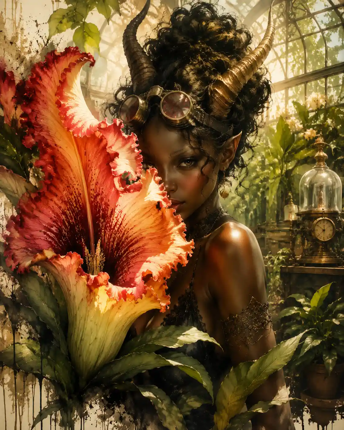 Demon woman hiding among flowers in a sunlit greenhouse