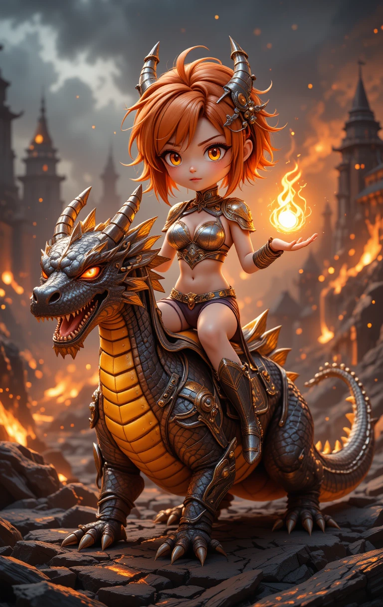 Chibi warrior woman riding dragon in volcanic realm