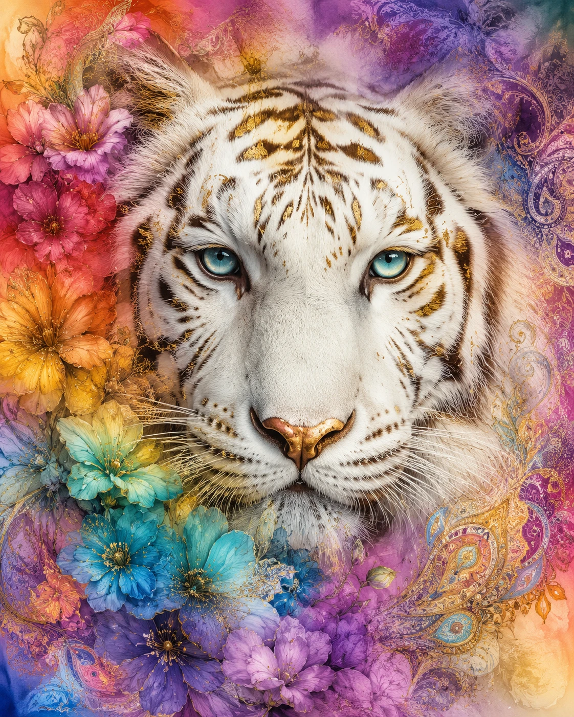 White tiger face with golden accents and floral rainbow aura