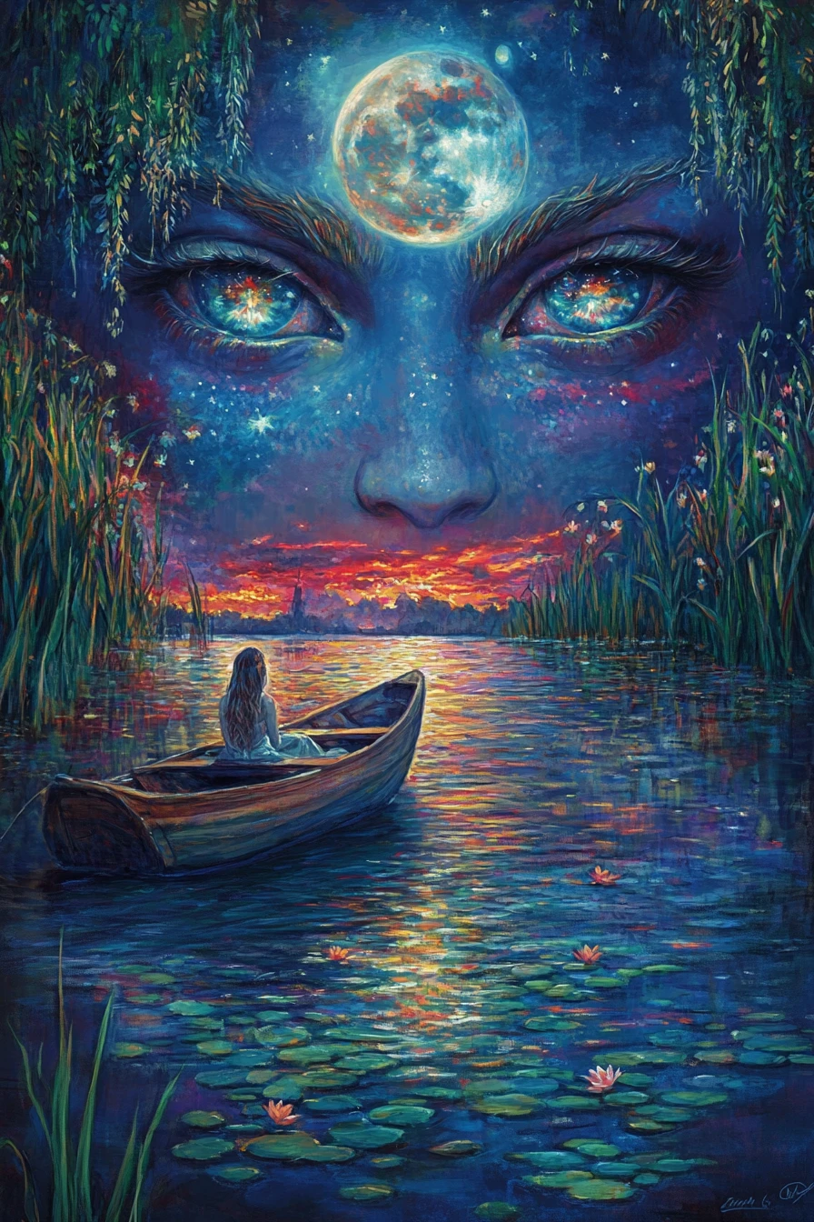 Moonlit fairy rising above a tranquil enchanted lake