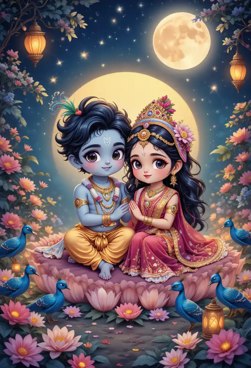 Cute divine couple in a chibi flower garden night scene