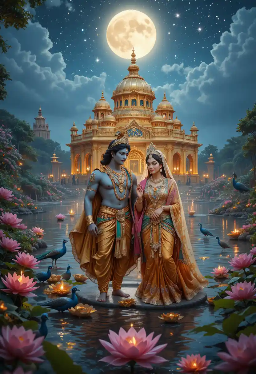 Divine couple beside golden temple under moonlit sky