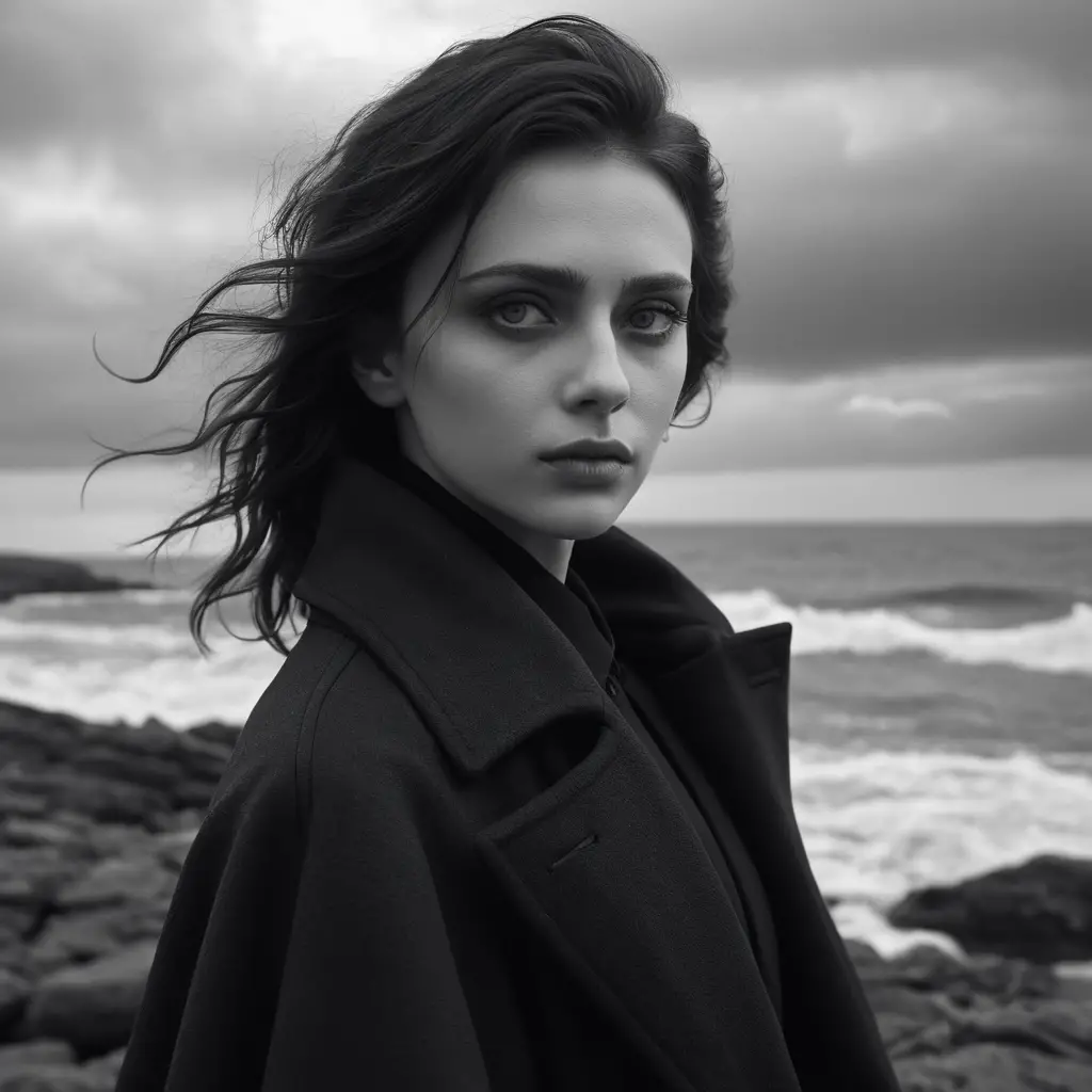 Woman in black coat on rocky shore in moody monochrome