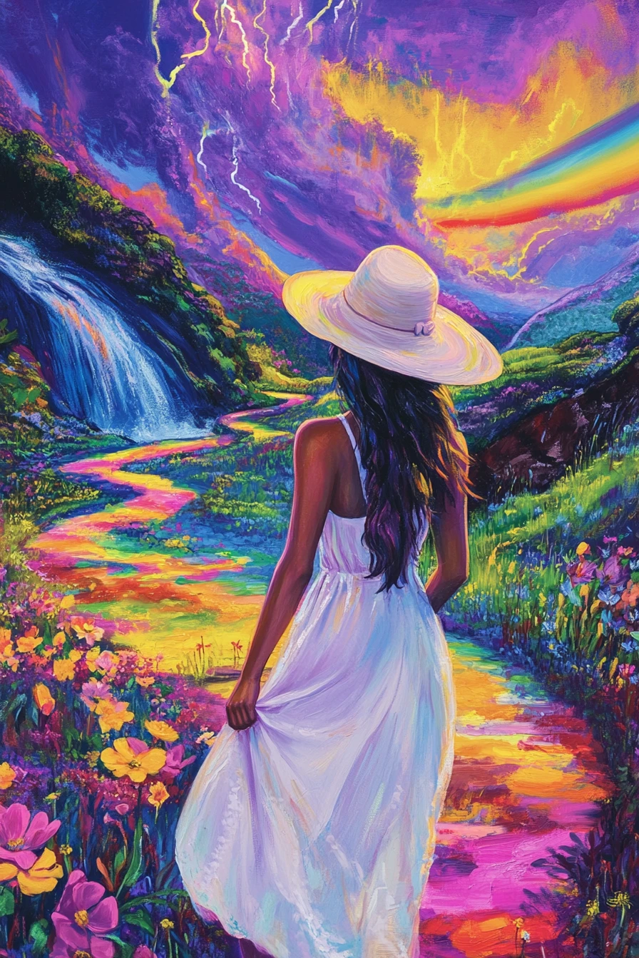 Girl in white dress walking along a colorful meadow path