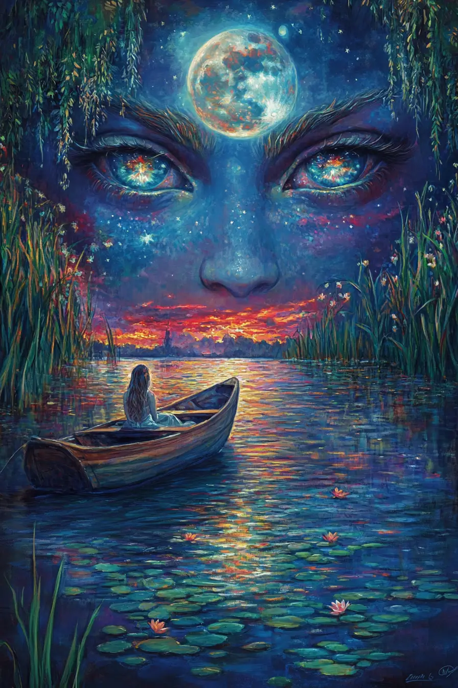 Moonlit fairy rising above a tranquil enchanted lake