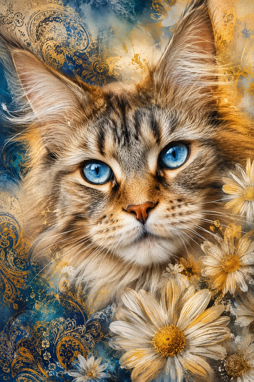 Close up moodboard of a blue eyed maine coon cat