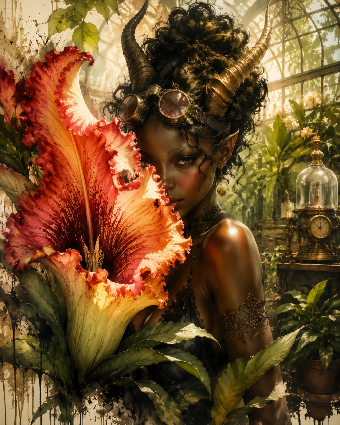 Demon woman hiding among flowers in a sunlit greenhouse