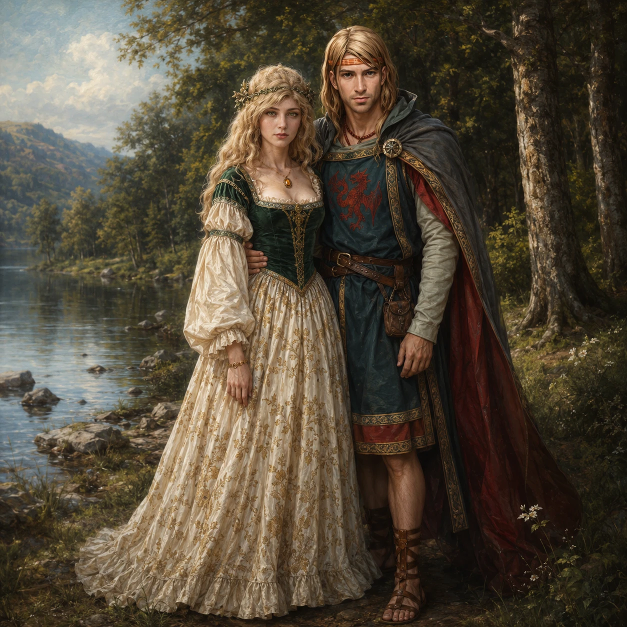 Young couple standing by a tranquil forest lake