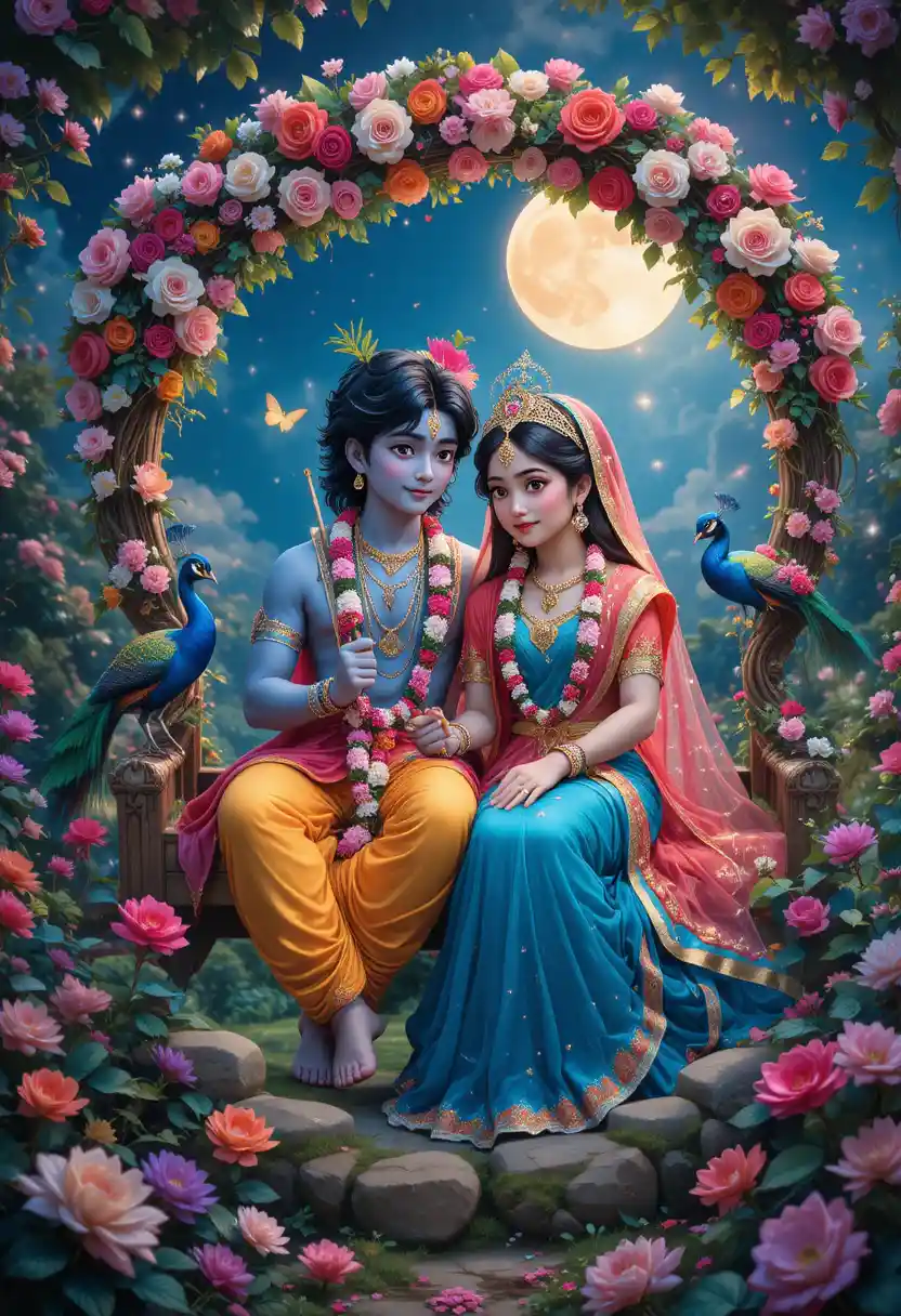 Divine couple on a flower swing in a moonlit garden