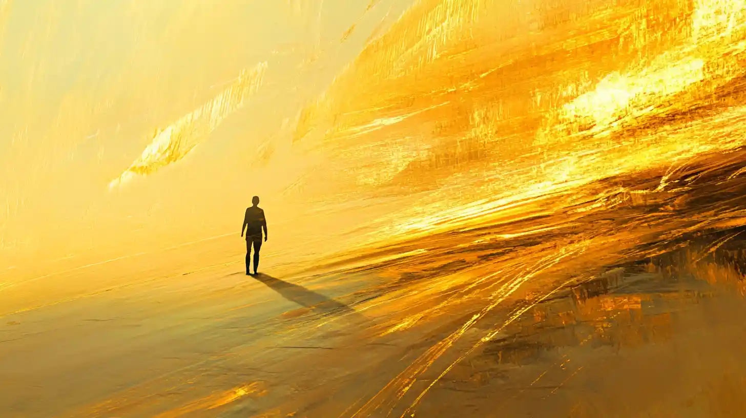Lone human facing unfolding motion warped landscape ahead