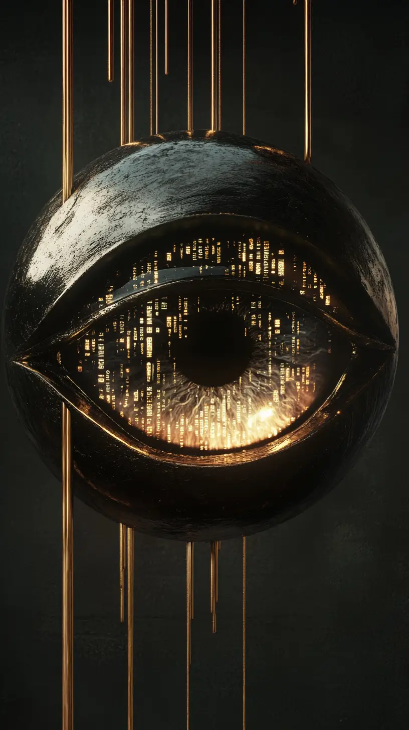 Surreales riesiges Augenfenster und goldene Sphären