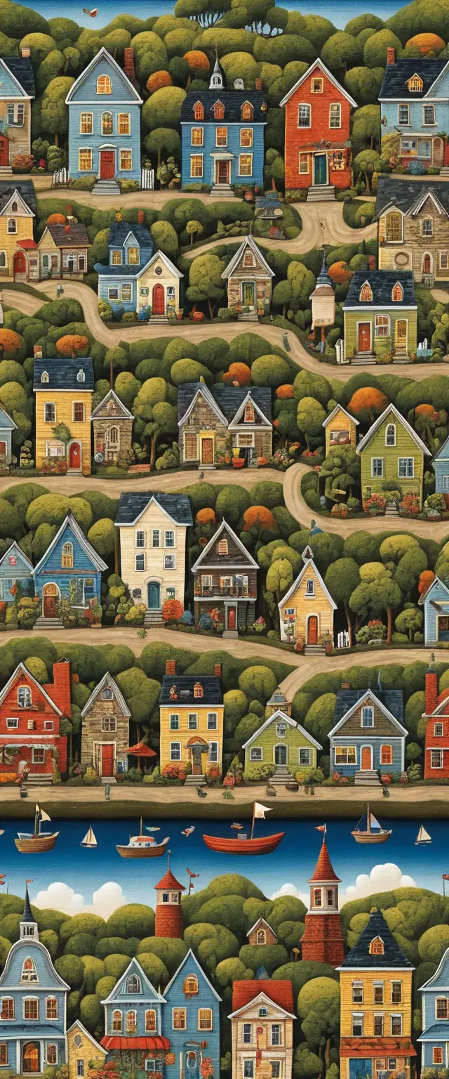 Whimsical colorful summer town street with decorative details