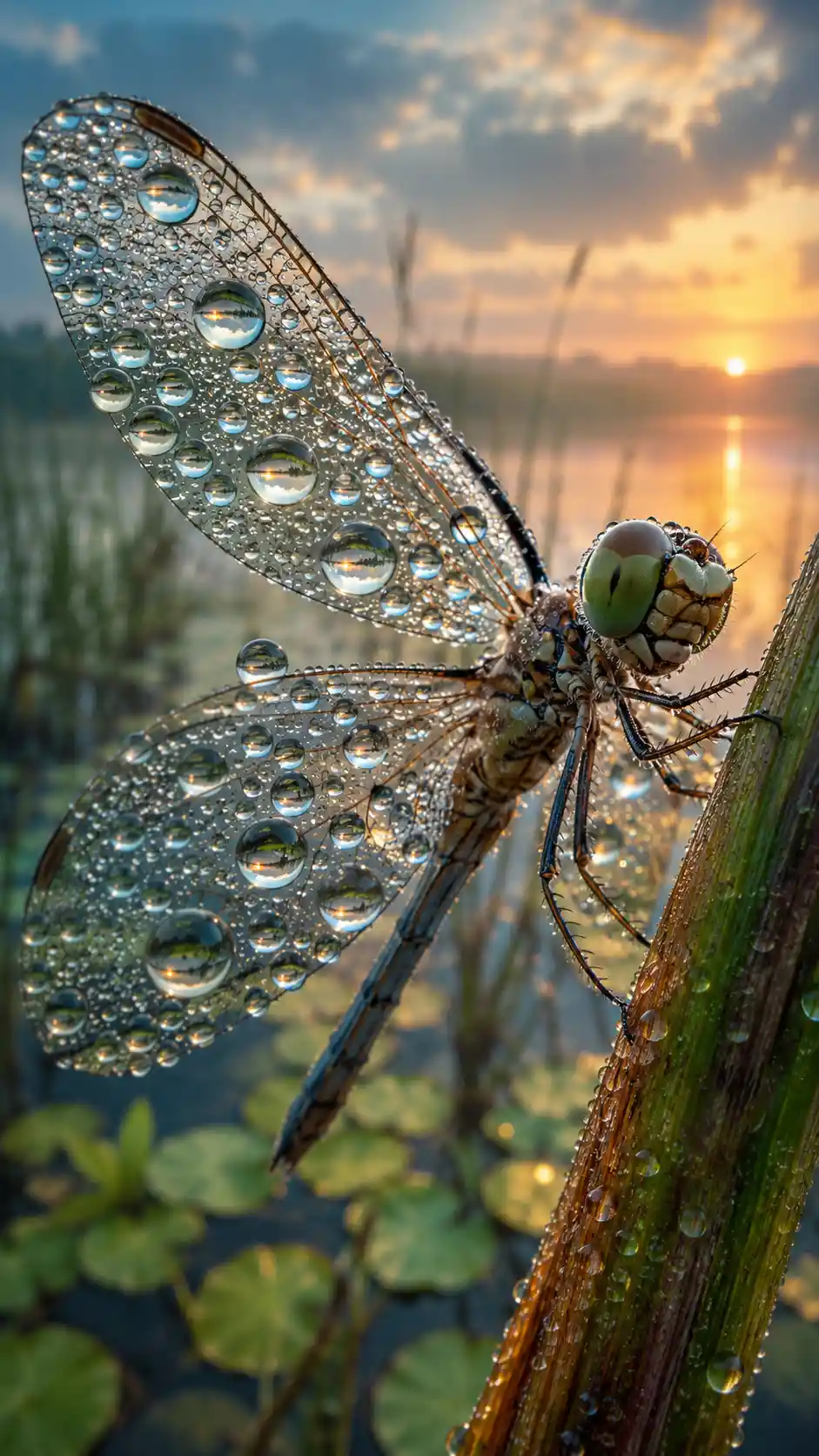 Macro dragonfly on dew covered reed at dawn