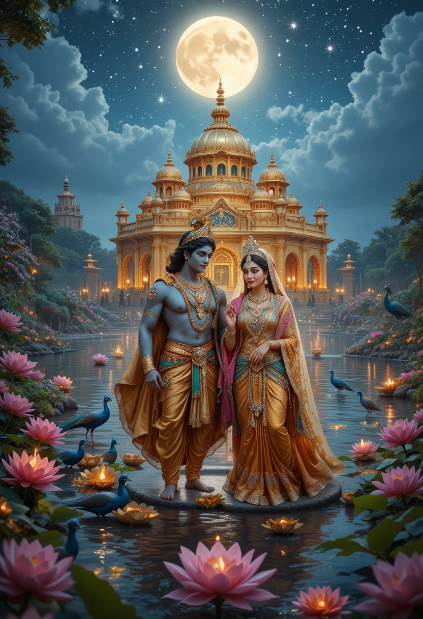 Divine couple beside golden temple under moonlit sky