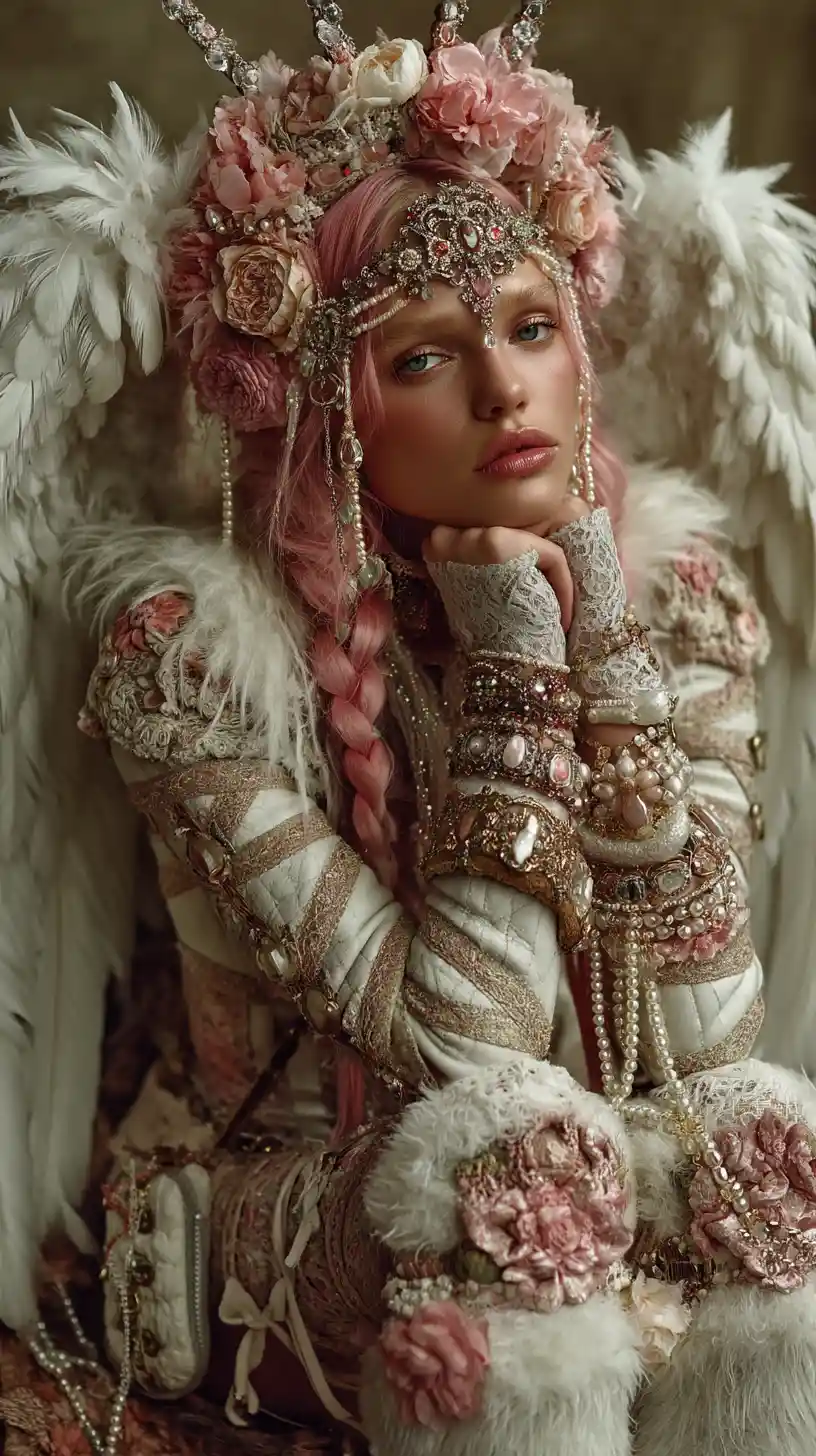 Fantasy woman with wings in ornate floral costume