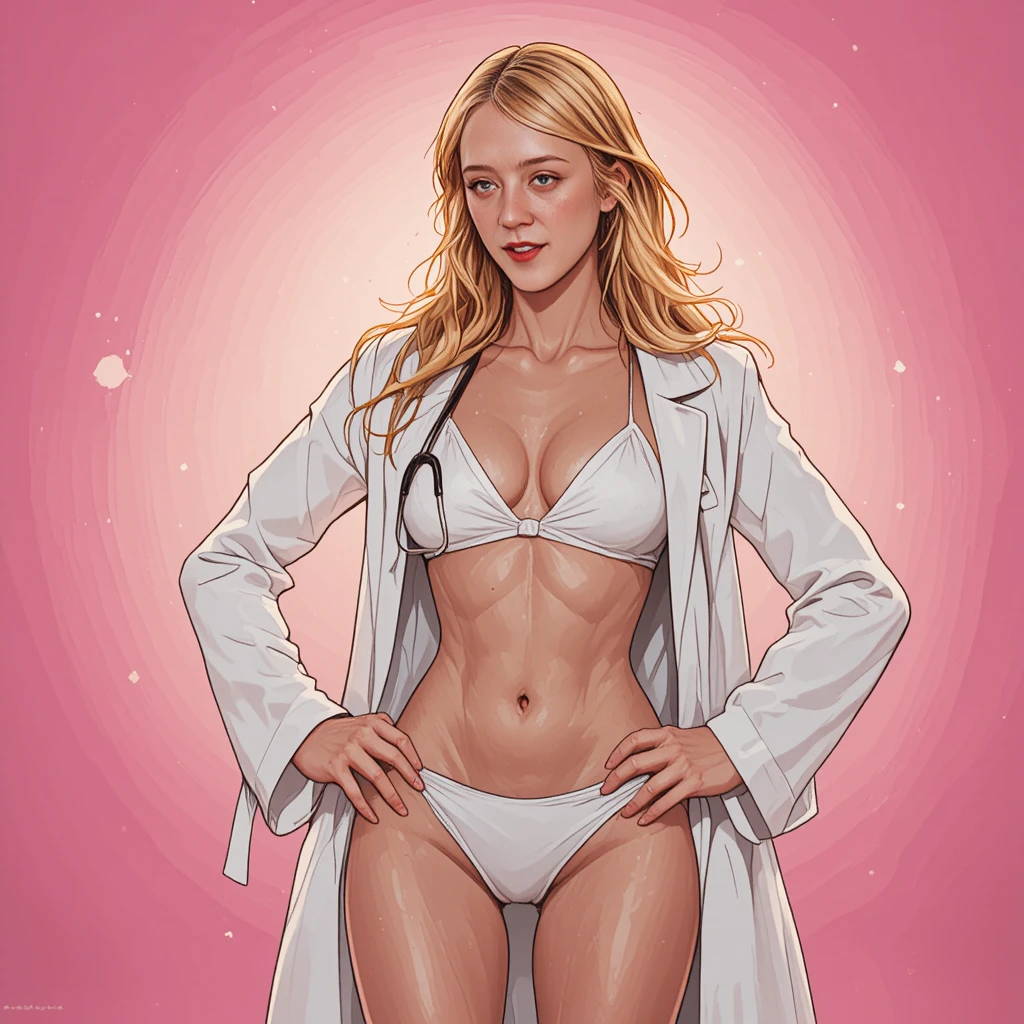 Confident woman in bikini and lab coat with stethoscope