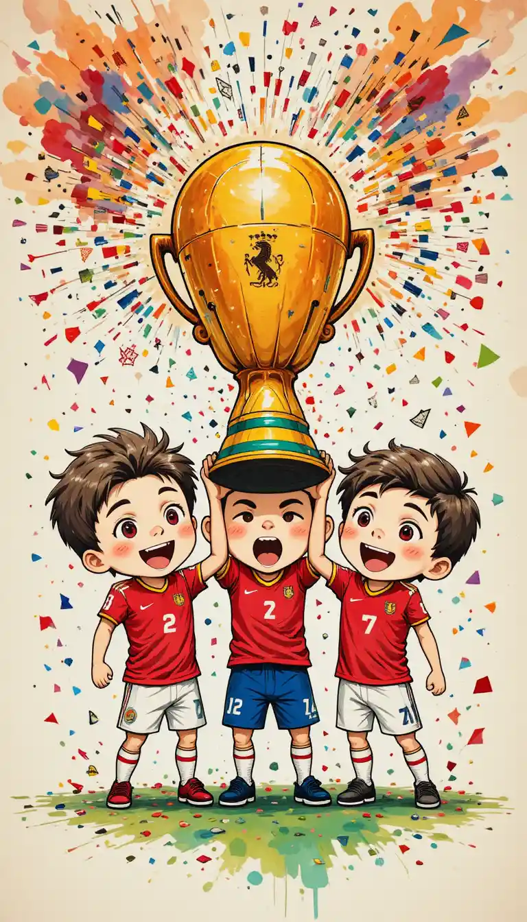Cute chibi Spain players celebrating with giant world cup trophy