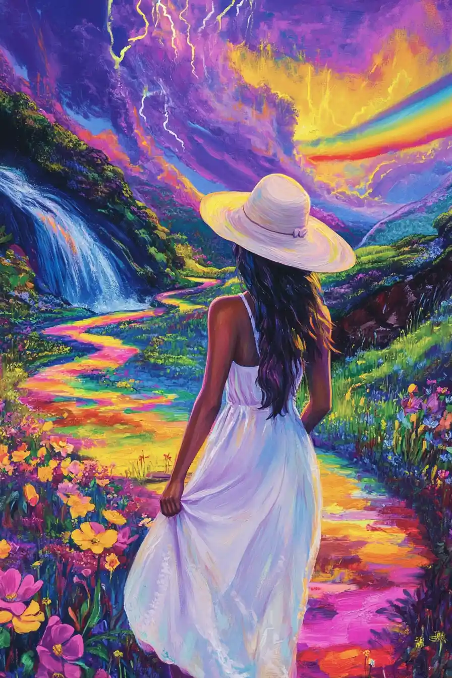 Girl in white dress walking along a colorful meadow path