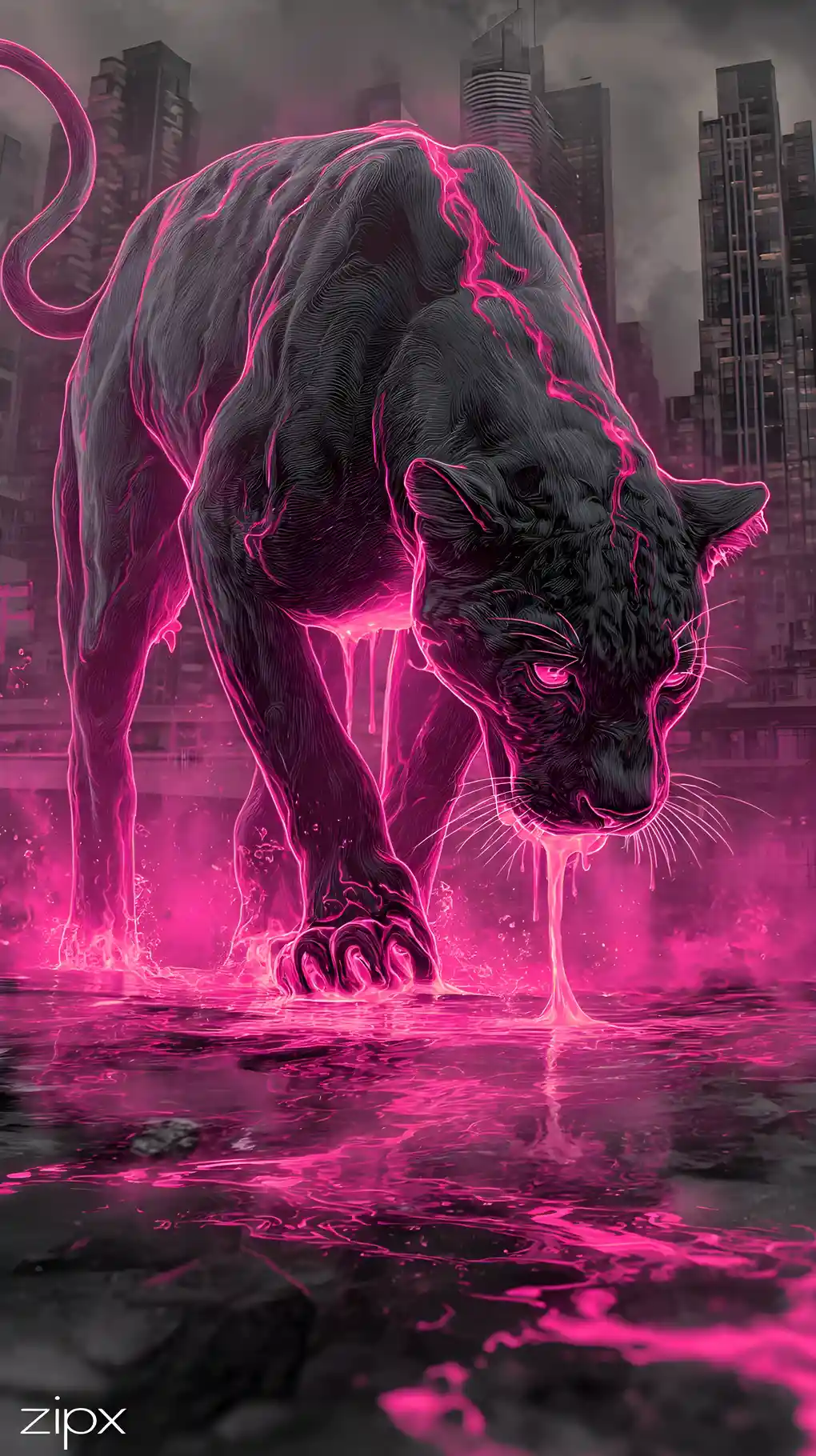 Chrome panther glowing with vibrant magenta neon light