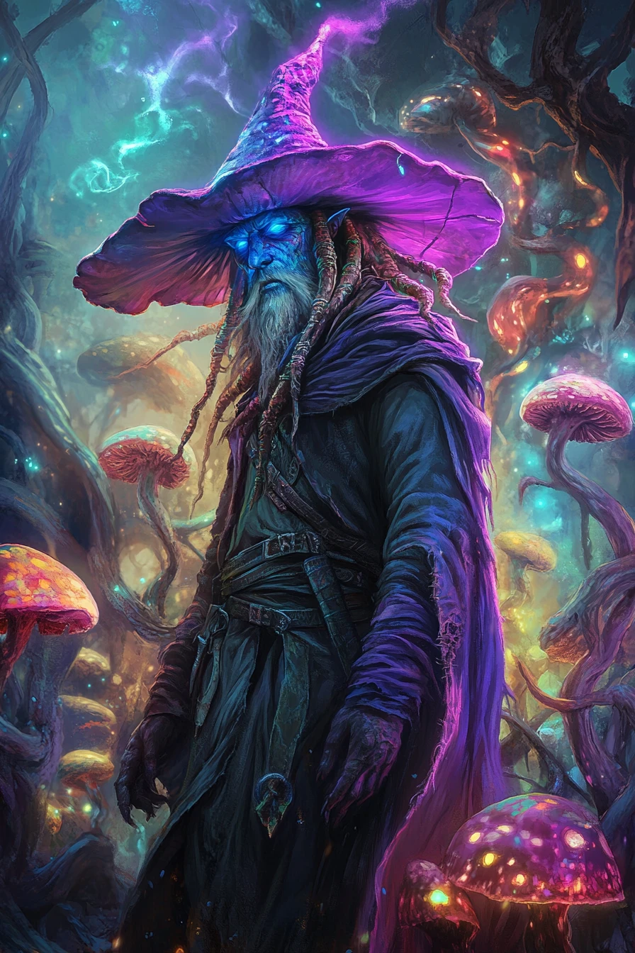 Psychedelic blue wizard among glowing rainbow mushrooms